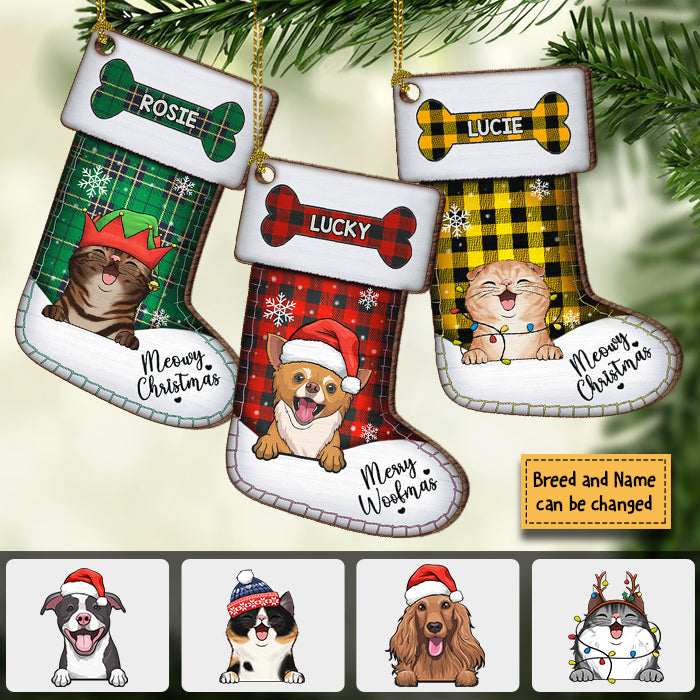 Merry Woofmas & Meowy Christmas - Christmas Dogs, Smiling Cats And Snow - Personalized Custom Stocking Shaped Wood Christmas Ornament, Customized Decoration Gift!