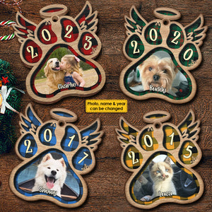 Angel Wings For Our Beloved Pets - Upload Pet Photo - Personalized Custom Paw Shaped Wood Christmas Ornament