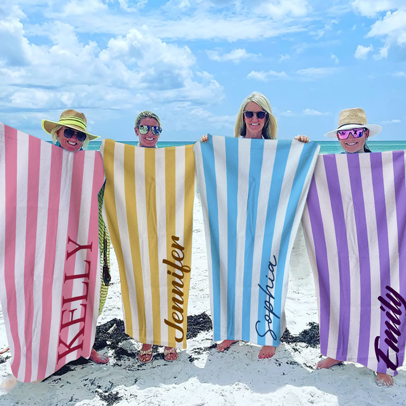 Happiness Comes In Waves - Bestie Personalized Custom Beach Towel - Summer Vacation Gift, Birthday Pool Party Gift For Best Friends, BFF, Sisters