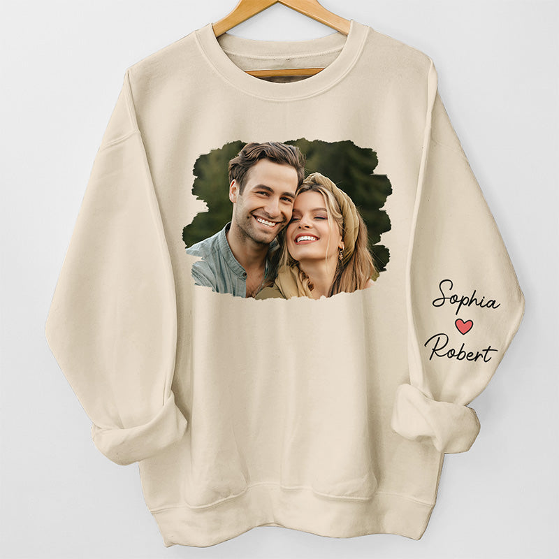Custom Photo Meeting You Is The Best Thing That Ever Happened To Me - Couple Personalized Custom Unisex Sweatshirt With Design On Sleeve - Gift For Husband Wife, Anniversary