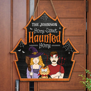 Welcome To Our Sweet Haunted Home - Couple Personalized Custom Shaped Home Decor Witch Wood Sign - Halloween Gift For Husband Wife, Pet Owners, Pet Lovers