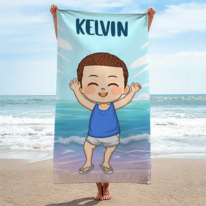 Happiness Comes In Waves - Family Personalized Custom Beach Towel - Summer Vacation Gift, Birthday Pool Party Gift For Family Members