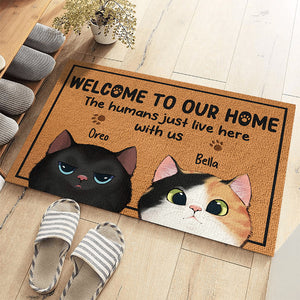 Welcome To Our Happy House - Cat Personalized Custom Home Decor Decorative Mat - House Warming Gift For Pet Owners, Pet Lovers