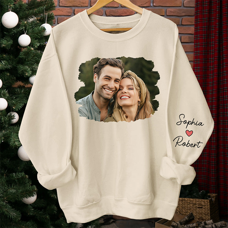Custom Photo Meeting You Is The Best Thing That Ever Happened To Me - Couple Personalized Custom Unisex Sweatshirt With Design On Sleeve - Gift For Husband Wife, Anniversary