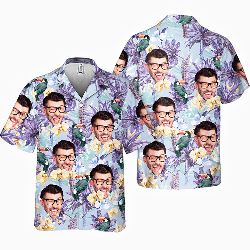 Custom Photo Tropical Bird Flower Pattern - Couple Personalized Custom Unisex Tropical Hawaiian Aloha Shirt - Summer Vacation Gift, Gift For Husband Wife