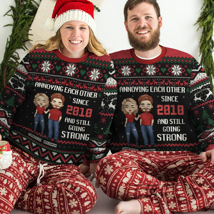 Couple Annoying Each Other Since - Personalized Custom Unisex Ugly Christmas Sweatshirt, Wool Sweatshirt, All-Over-Print Sweatshirt - Gift For Couple, Husband Wife, Anniversary, Christmas Gift