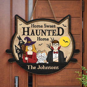 Home Sweet Haunted Home - Couple Personalized Custom Shaped Home Decor Witch Wood Sign - Halloween Gift For Husband Wife, Pet Owners, Pet Lovers