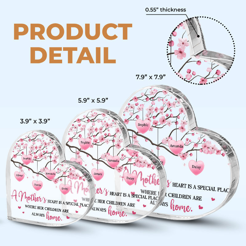 Mother's Love Is The Heart Of A Family - Family Personalized Custom Heart Shaped Acrylic Plaque - Gift For Mom, Grandma