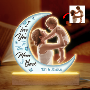 Photo personnalisée « Je t'aime jusqu'à la lune et retour » - Lampe LED 3D personnalisée en forme de famille - Téléchargez un cadeau photo pour maman, grand-mère
