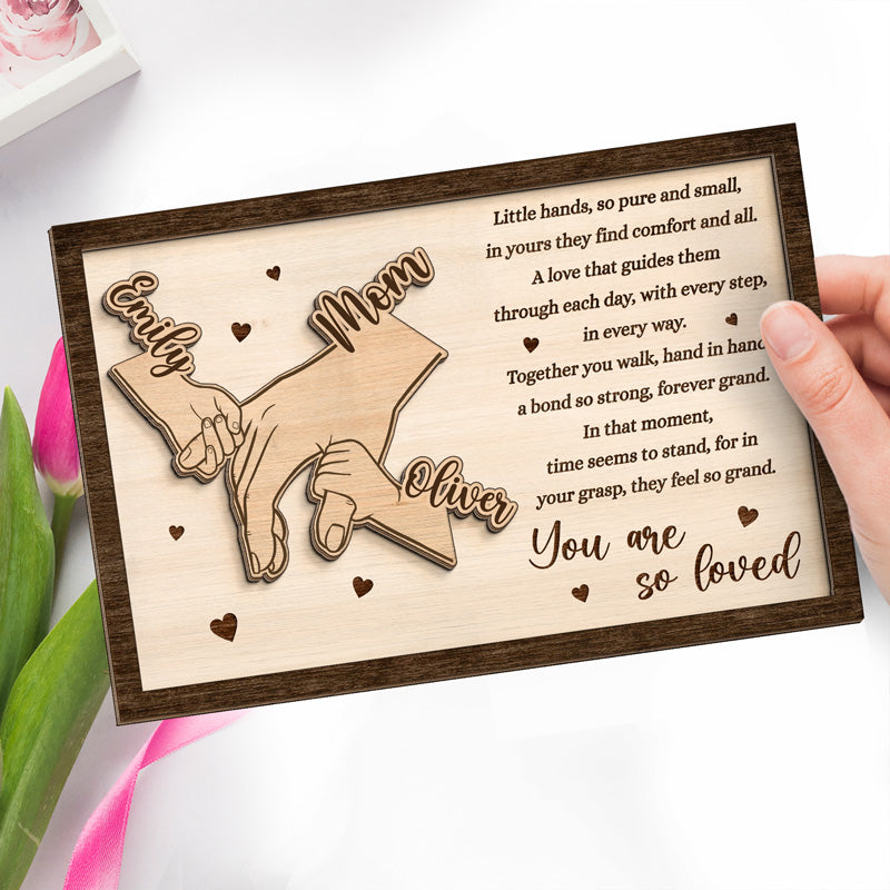 Hand In Hand - Family Personalized Custom 2-Layered Wooden Plaque With Stand - House Warming Gift For Mom