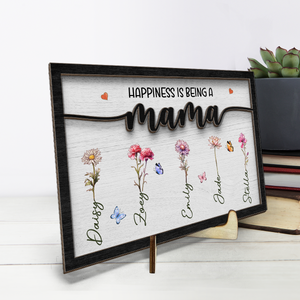 Happiness Is Being A Mom - Family Personalized Custom 2-Layered Wooden Plaque With Stand - House Warming Gift For Mom, Grandma