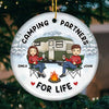 The Campfire Is Our Happy Place - Couple Personalized Custom Ornament - Ceramic Round Shaped - Christmas Gift For Husband Wife, Anniversary, Camping Lovers
