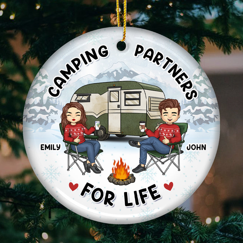 The Campfire Is Our Happy Place - Couple Personalized Custom Ornament - Ceramic Round Shaped - Christmas Gift For Husband Wife, Anniversary, Camping Lovers