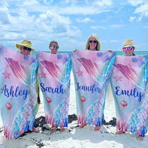 Embrace The Waves & Become A Mermaid - Bestie Personalized Custom Beach Towel - Summer Vacation Gift, Birthday Pool Party Gift For Best Friends, BFF, Sisters