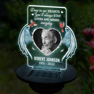 Photo personnalisée au plus profond de nos cœurs, vous resterez toujours aimé et nous manquerez chaque jour - Lampe solaire de jardin personnalisée commémorative - Cadeau de sympathie pour les membres de la famille