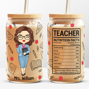 Teacher Nutrition Facts - Teacher Personalized Custom Glass Cup, Iced Coffee Cup - Gift For Teacher, Back To School