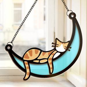 Je ne suis pas paresseux, je suis juste très détendu - Attrape-soleil personnalisé pour fenêtre en forme de chat - Cadeau pour les propriétaires d'animaux et les amoureux des animaux