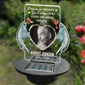 Photo personnalisée au plus profond de nos cœurs, vous resterez toujours aimé et nous manquerez chaque jour - Lampe solaire de jardin personnalisée commémorative - Cadeau de sympathie pour les membres de la famille