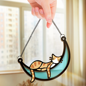 Je ne suis pas paresseux, je suis juste très détendu - Attrape-soleil personnalisé pour fenêtre en forme de chat - Cadeau pour les propriétaires d'animaux et les amoureux des animaux