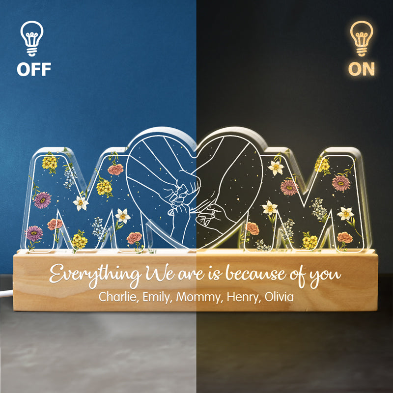 Mom, Everything We Are Is Because Of You - Family Personalized Custom Acrylic Letters 3D LED Night Light - Mother's Day, Gift For Mom, Grandma