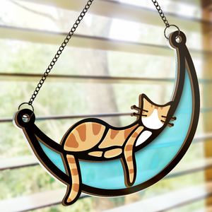 Je ne suis pas paresseux, je suis juste très détendu - Attrape-soleil personnalisé pour fenêtre en forme de chat - Cadeau pour les propriétaires d'animaux et les amoureux des animaux