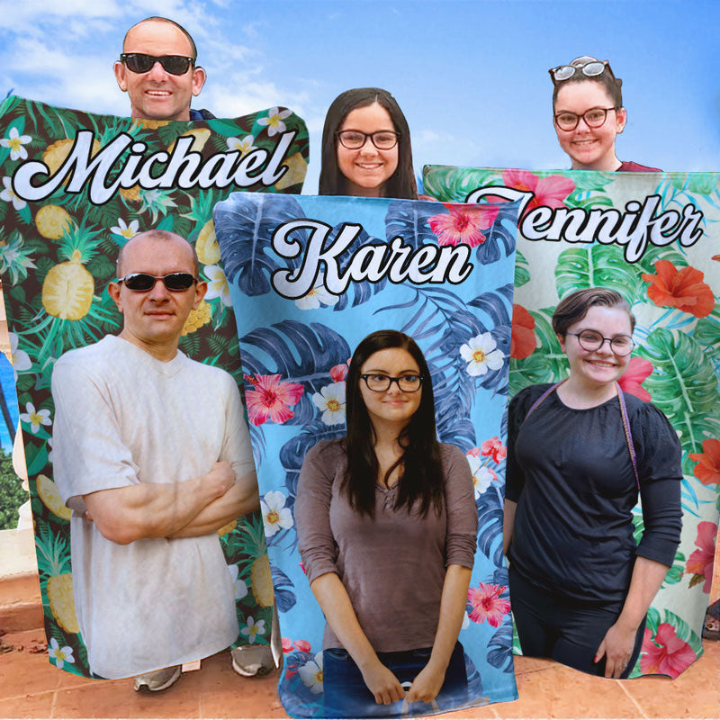 Custom Photo Tropical State Of Happiness - Dog & Cat Personalized Custom Beach Towel - Summer Vacation Gift, Gift For Family Members, Pet Owners, Pet Lovers