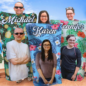 Custom Photo Tropical State Of Happiness - Dog & Cat Personalized Custom Beach Towel - Summer Vacation Gift, Gift For Family Members, Pet Owners, Pet Lovers