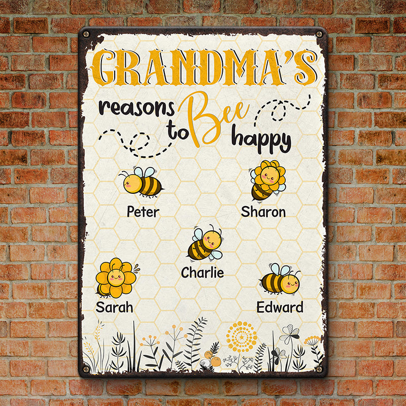 Grandma's Reasons To Bee Happy - Family Personalized Custom Home Decor Metal Sign - Gift For Grandma, Mom