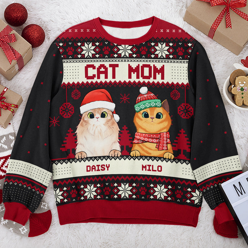 Cat Mom Cat Dad Merry Christmas - Personalized Custom Unisex Ugly Christmas Sweatshirt, Wool Sweatshirt, All-Over-Print Sweatshirt - Gift For Cat Lovers, Pet Lovers, Christmas New Arrival Gift