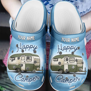 Happy Camper - Camping Personalized Custom Unisex Clogs, Slide Sandals - Gift For Camping Lovers