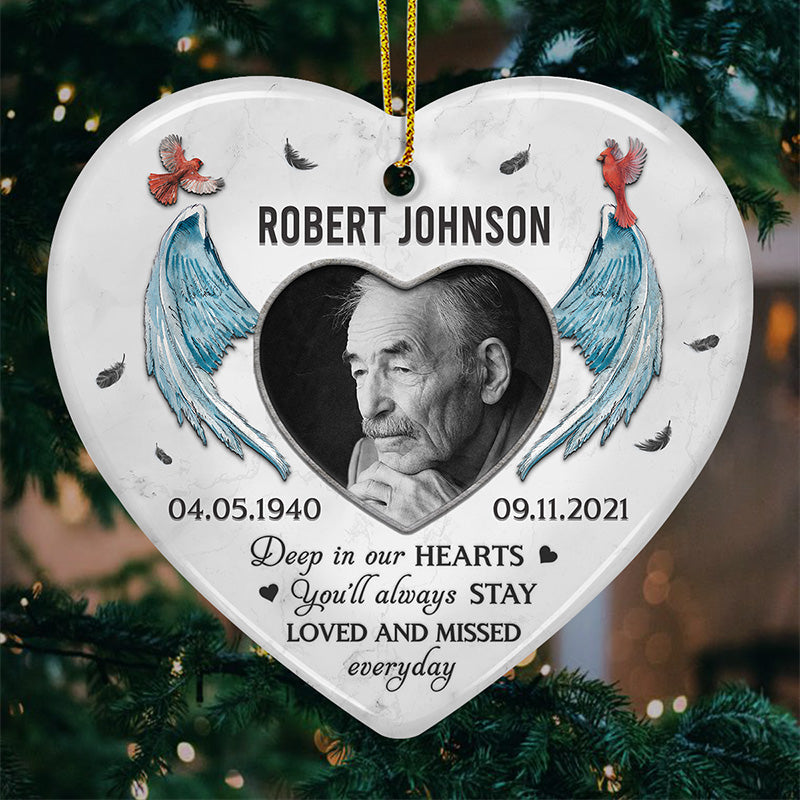 Custom Photo You‚ll Always Stay Loved And Missed - Memorial Personalized Custom Ornament - Ceramic Heart Shaped - Christmas Gift, Sympathy Gift For Family Members