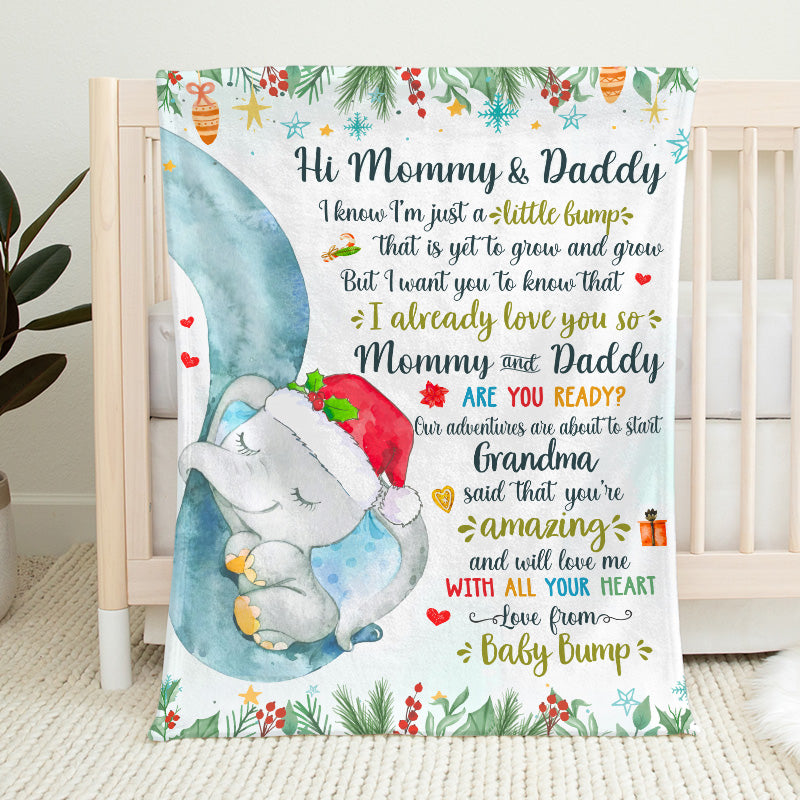 I'm Just A Little Bump - Family Personalized Custom Baby Blanket - Baby Shower Gift, First Christmas Gift, Christmas Gift For First Mom
