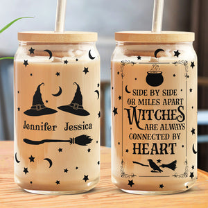 Witches Are Always Connected By Heart - Bestie Personalized Custom Glass Cup, Iced Coffee Cup - Halloween Gift For Best Friends, BFF, Sisters