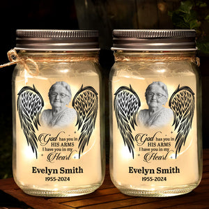 Custom Photo God Has You In His Arms - Memorial Personalized Custom Mason Jar Light - Sympathy Gift For Family Members
