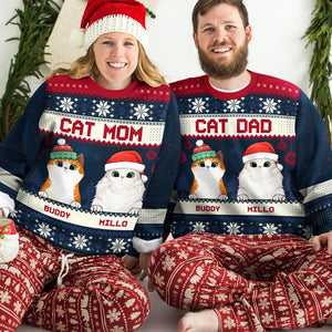 Cat Mom Cat Dad Merry Christmas - Personalized Custom Unisex Ugly Christmas Sweatshirt, Wool Sweatshirt, All-Over-Print Sweatshirt - Gift For Cat Lovers, Pet Lovers, Christmas New Arrival Gift