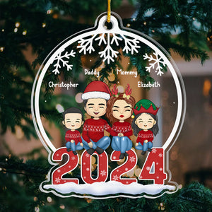 Family Sitting Together - Family Personalized Custom Ornament - Acrylic Snow Globe Shaped - Christmas Gift For Family Members