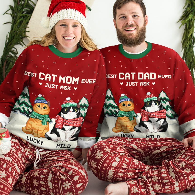 Holiday Best Cat Mom & Cat Dad Ever - Personalized Custom Unisex Ugly Christmas Sweatshirt, Wool Sweatshirt, All-Over-Print Sweatshirt - Gift For Cat Lovers, Pet Lovers, Christmas Gift