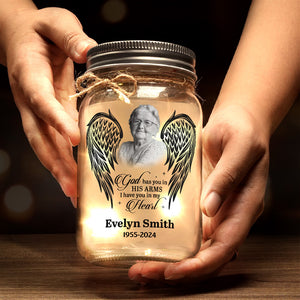Custom Photo God Has You In His Arms - Memorial Personalized Custom Mason Jar Light - Sympathy Gift For Family Members