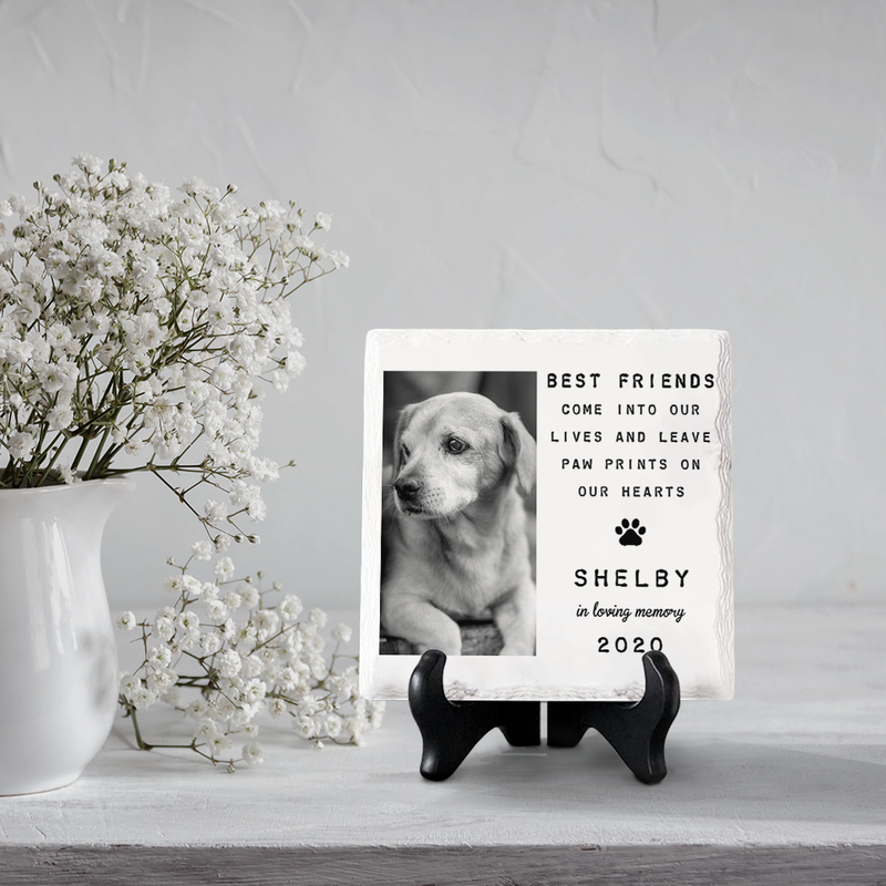 Custom Photo You Leave Paw Prints On Our Hearts - Memorial Personalized Custom Square Shaped Ceramic Plaque With Stand - Sympathy Gift, Gift For Pet Owners, Pet Lovers
