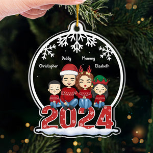 Family Sitting Together - Family Personalized Custom Ornament - Acrylic Snow Globe Shaped - Christmas Gift For Family Members