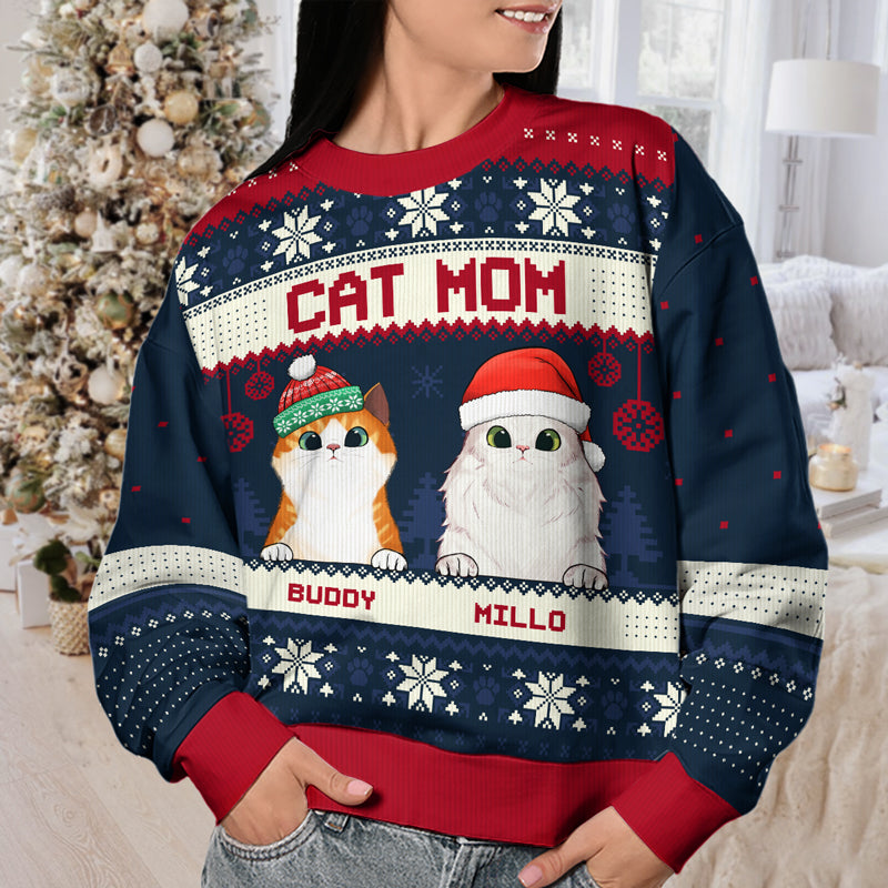 Cat Mom Cat Dad Merry Christmas - Personalized Custom Unisex Ugly Christmas Sweatshirt, Wool Sweatshirt, All-Over-Print Sweatshirt - Gift For Cat Lovers, Pet Lovers, Christmas New Arrival Gift