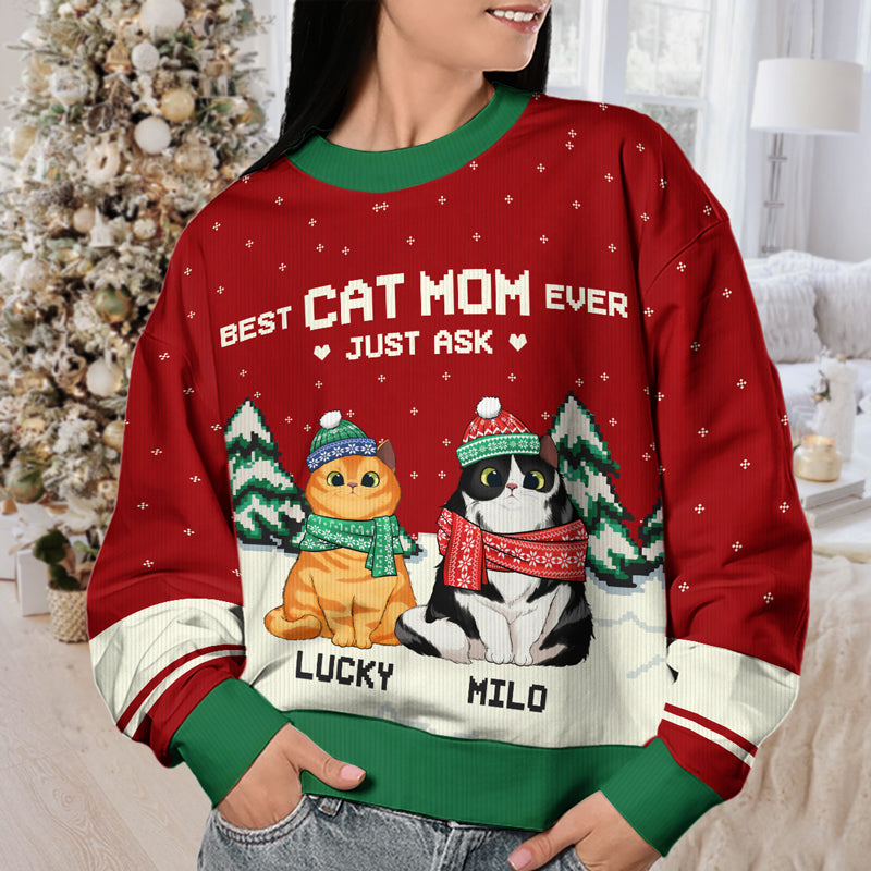 Holiday Best Cat Mom & Cat Dad Ever - Personalized Custom Unisex Ugly Christmas Sweatshirt, Wool Sweatshirt, All-Over-Print Sweatshirt - Gift For Cat Lovers, Pet Lovers, Christmas Gift