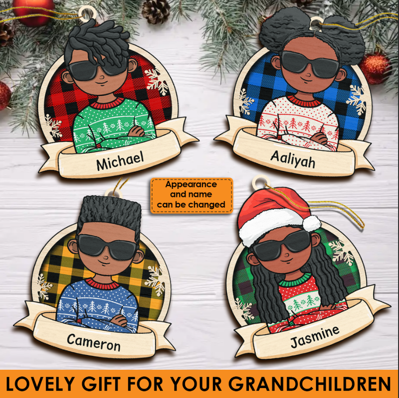 African American Kids Celebrate Christmas - Personalized Custom Wood Shaped Christmas Ornament