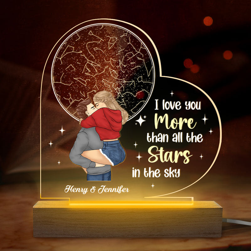 Love You More Than All The Stars - Couple Personalized Custom Heart Shaped 3D LED Light - Gift For Husband Wife, Anniversary