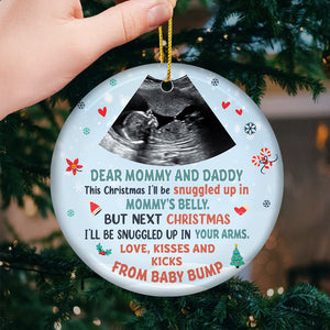 Custom Photo Love Kisses And Kicks From Baby Bump - Family Personalized Custom Ornament - Ceramic Round Shaped - Christmas Gift For First Mom