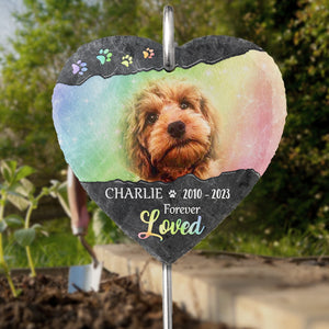 Custom Photo Forever Loved - Memorial Personalized Custom Heart Shaped Memorial Garden Slate & Hook - Sympathy Gift For Pet Owners, Pet Lovers