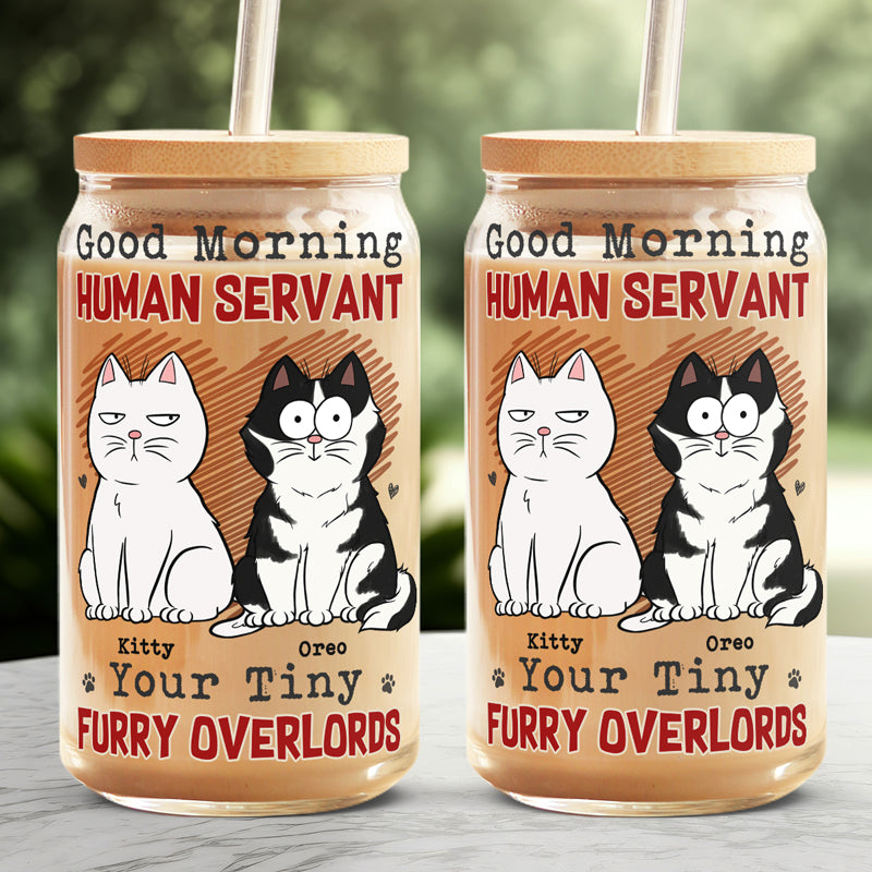 Good Morning Human Servant Your Tiny Furry Overlords - Cat Personalized Custom Glass Cup, Iced Coffee Cup - Gift For Pet Owners, Pet Lovers
