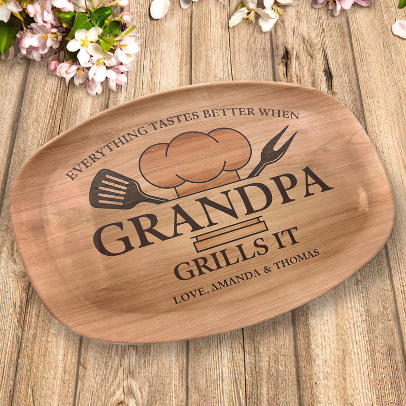 Everything Tastes Better When Grandpa Grills It - Family Personalized Custom Platter - Father's Day. Birthday Gift For Grandpa, Dad