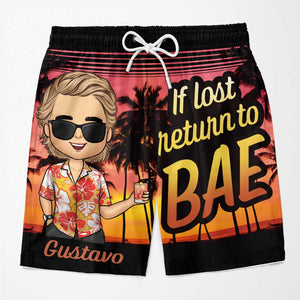 If Lost, Return To Your Bae - Funny Personalized Custom Tropical Hawaiian Aloha Couple Beach Shorts - Summer Vacation Gift, Birthday Party Gift For Husband Wife