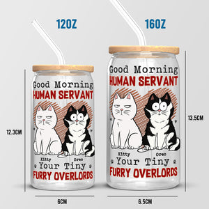 Good Morning Human Servant Your Tiny Furry Overlords - Cat Personalized Custom Glass Cup, Iced Coffee Cup - Gift For Pet Owners, Pet Lovers